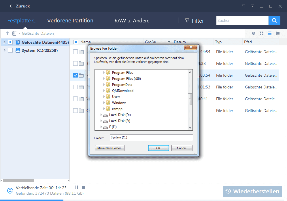 Die Zieldateien auswählen und Schaltfläche zur Wiederherstellung drücken