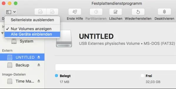 alle Geräte auf dem Mac im Festplattendienstprogramm anzeigen
