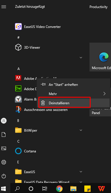 Apps im Startmenü direkt deinstallieren