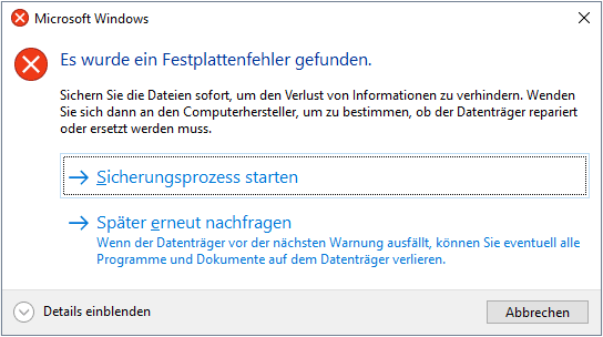 Windows hat ein Festplattenproblem festgestellt.