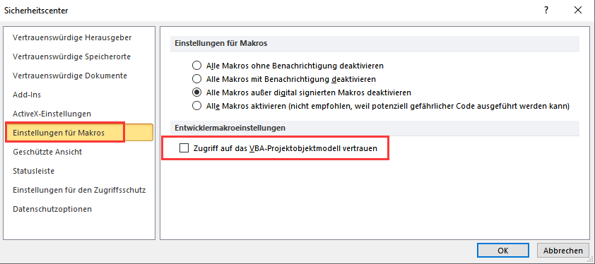 Zugriff auf das VBA-Projektobjektmodell vertrauen