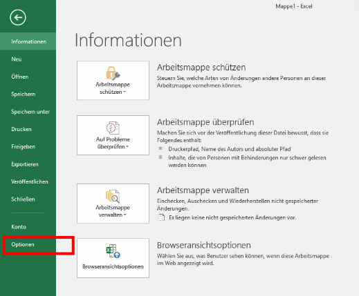 Excel-Option eingeben