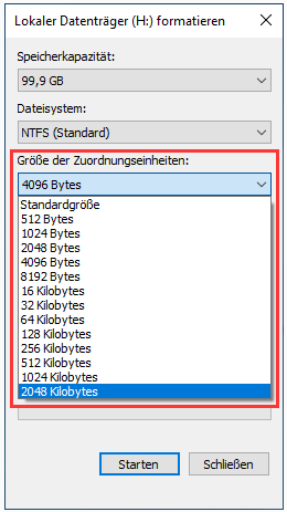 die ideale Größe der Exfat-Einheit