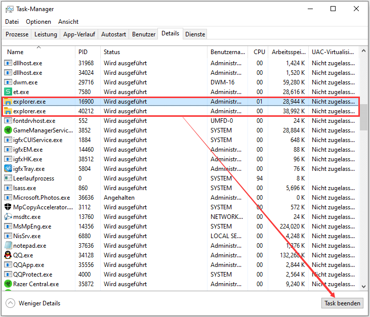 Den explorer.exe Prozess neu starten