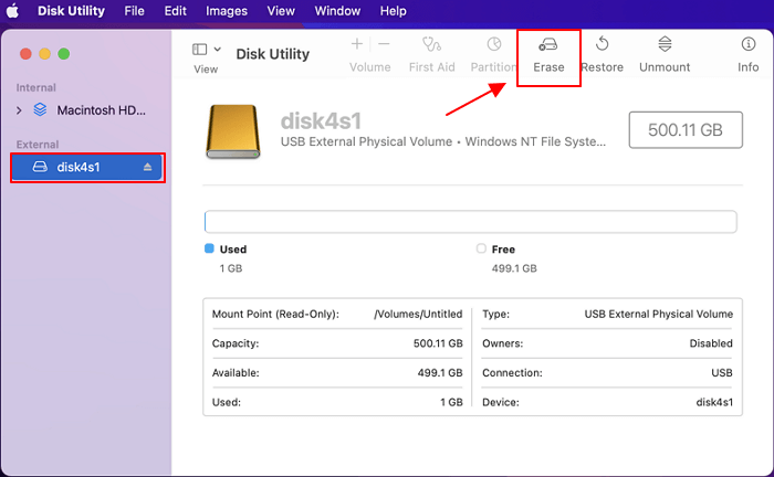 Externe Festplatte zum Formatieren auswählen