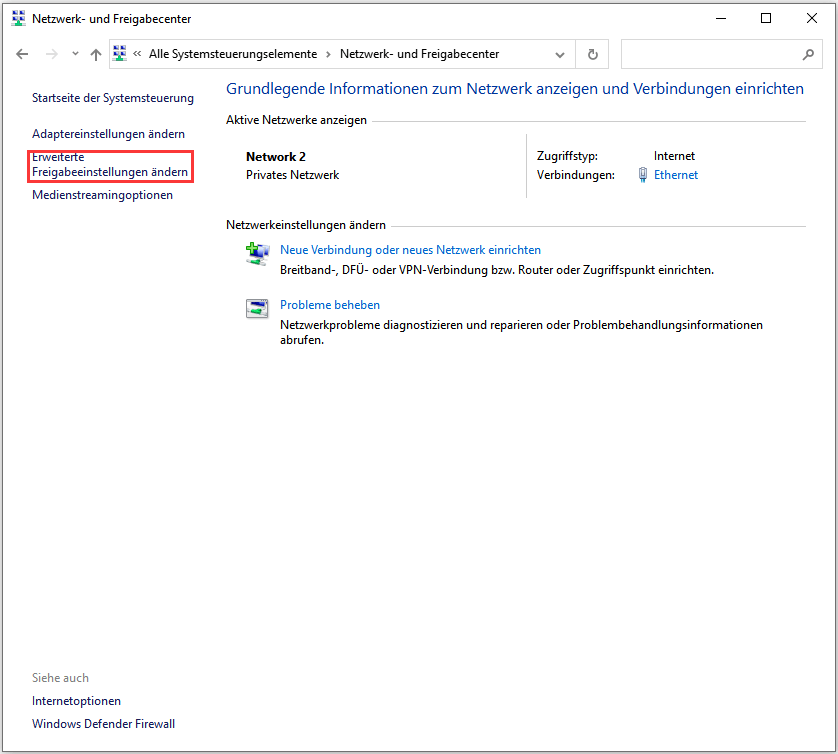 Erweiterte Freigabeeinstellungen ändern - Schritt 1