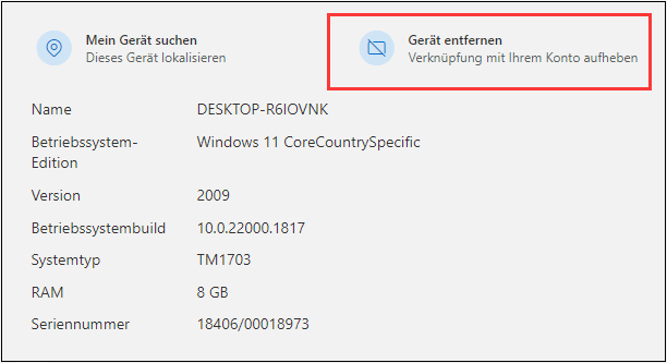 wählen Sie PC entfernen auf Microsoft