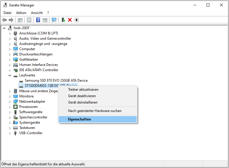 Gerät Eigenschaften öffnen