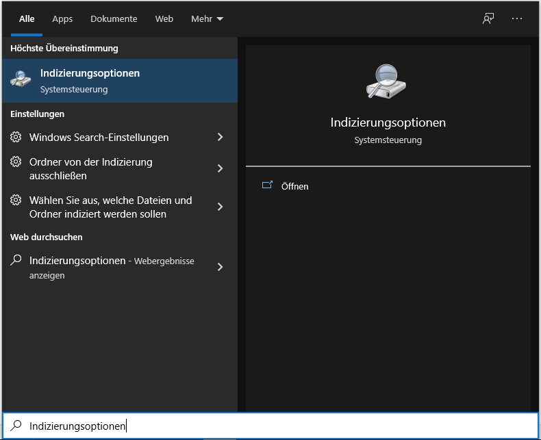 Indizierungsoptionen öffnen