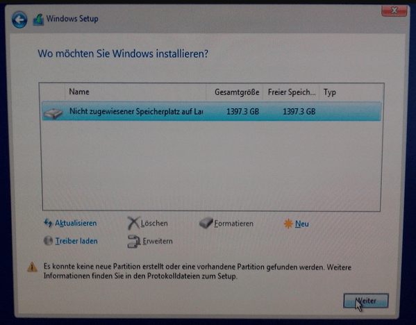 Es konnte keine neue Partition erstellt werden
