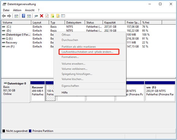 Laufwerksbuchstaben und Pfade ändern ausgegraut