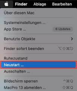 Tippen Sie auf das Apple-Logo und wählen Sie „Neustart“.