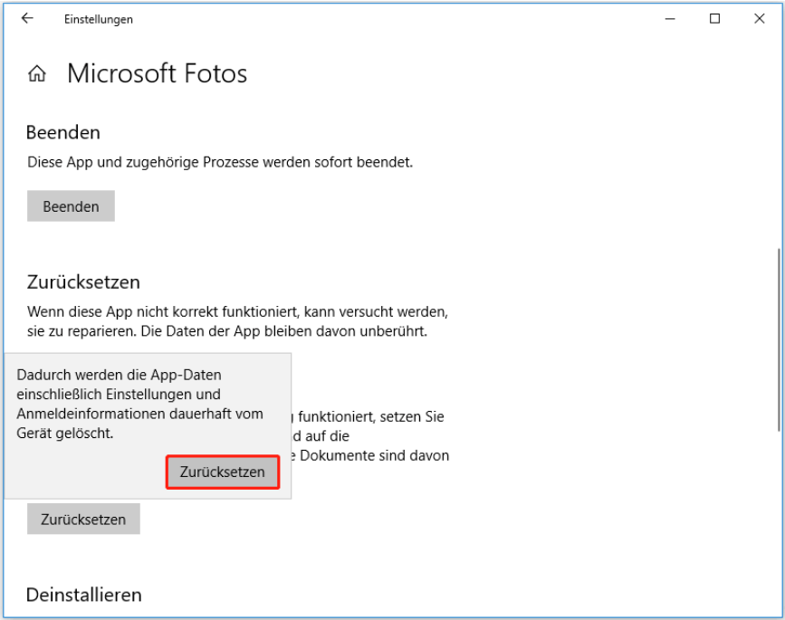 Microsoft Fotos zurücksetzen - Schritt 2