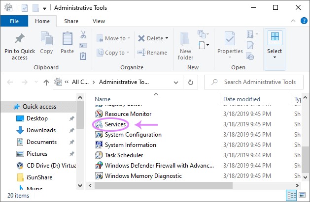 Auf Dienste doppelklicken
