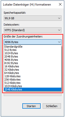 Größe der NTFS-Zuordnungseinheit