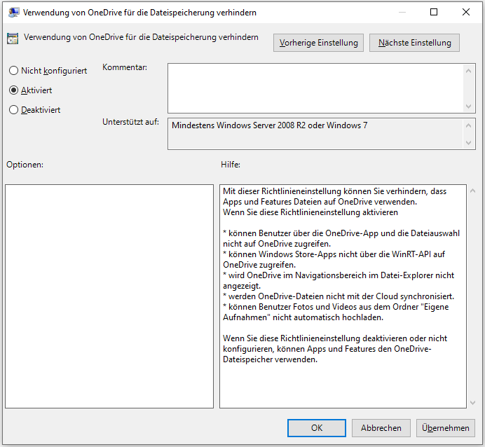 Verhindern der Verwendung von OneDrive für die Datenspeicherung aktivieren