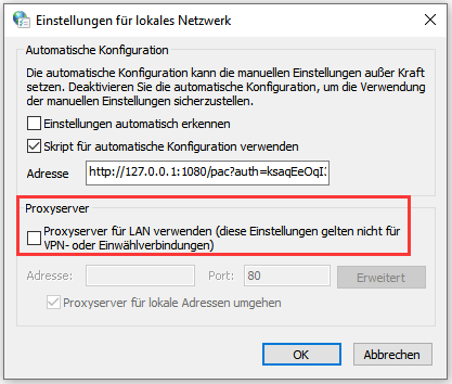 Den Proxy Server deaktivieren oder aktivieren - Schritt 3