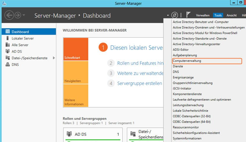 Windows Server Computerverwaltung aufrufen