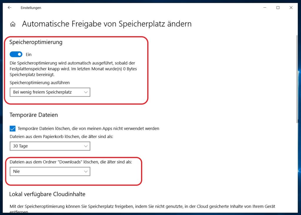 Speicheroptimierung einstellungen