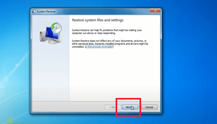 Systemwiederherstellung öffnen und auf Weiter klicken