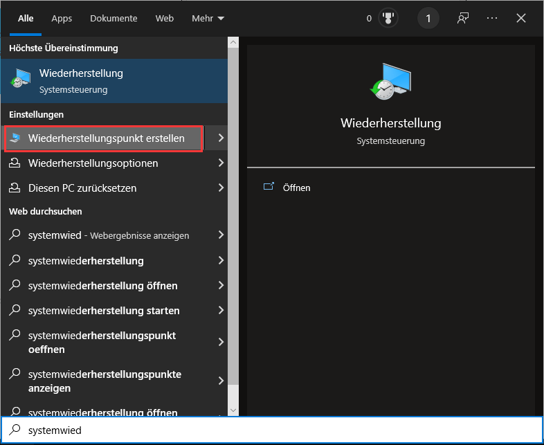 Wiederherstellungspunkt öffnen