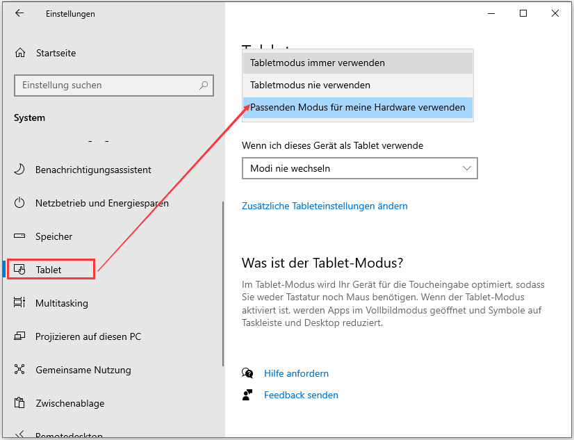 Den Tablet-Modus aktivieren oder deaktivieren