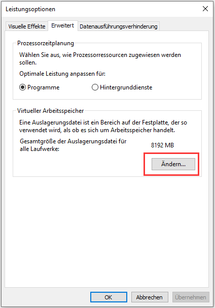 Virtueller Arbeitsspeicher ändern
