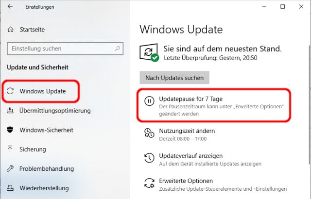 Windows Updatepause für 7 Tage