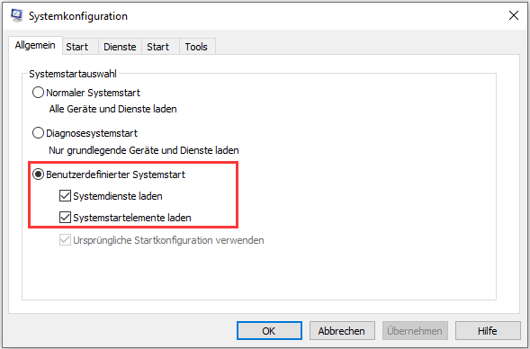 Benutzerdefinierter Systemstart