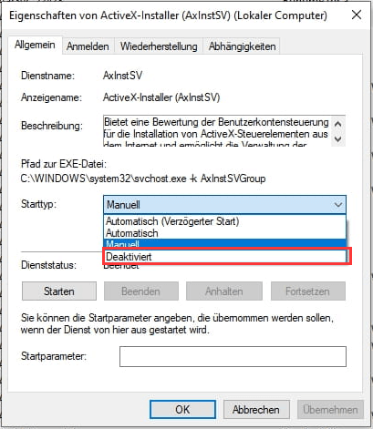 Deaktivieren des Typs Startup