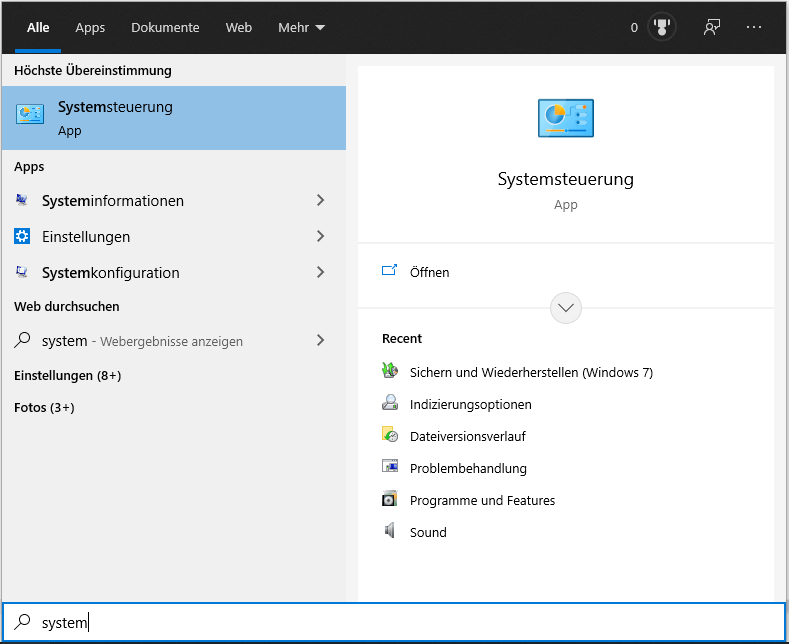 Systemsteuerung starten