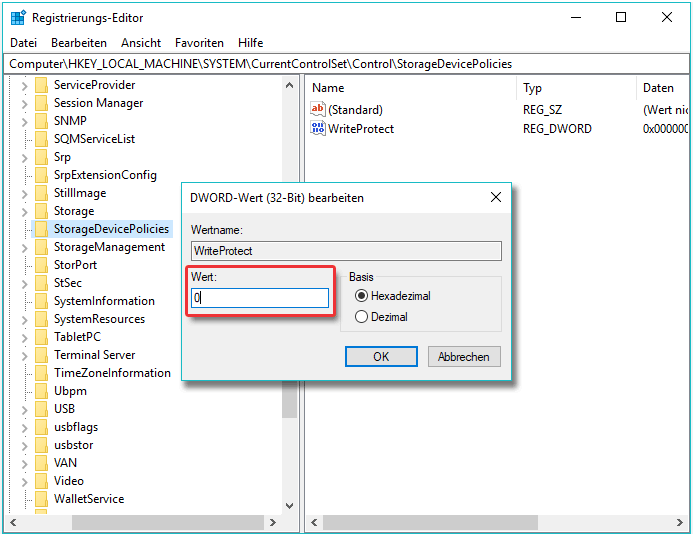 Ändern Sie den Wert auf 0