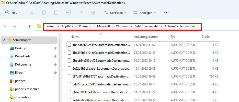 Schnellzugriff auf den Speicherort
