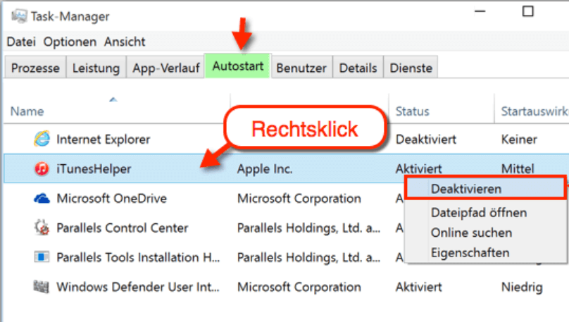 Deaktivieren von Programmen beim Starten