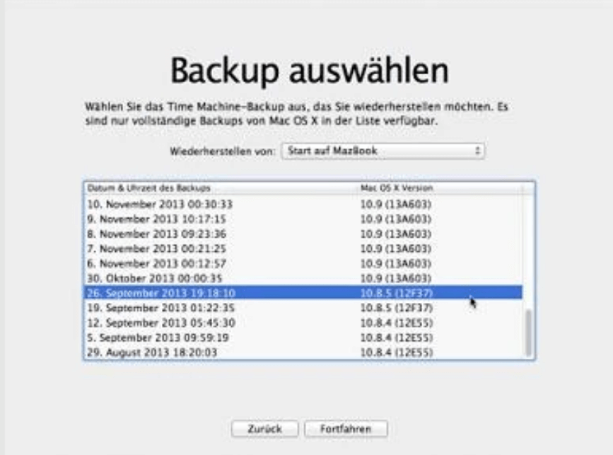 Sicherung nach Datum auswählen