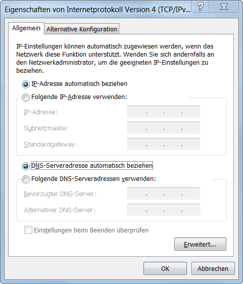 Internetprotokoll, Version 4 (TCP/IPv4) eigenschaften