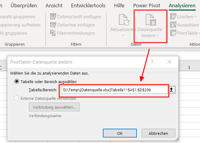 Excel Datenquelle ändern