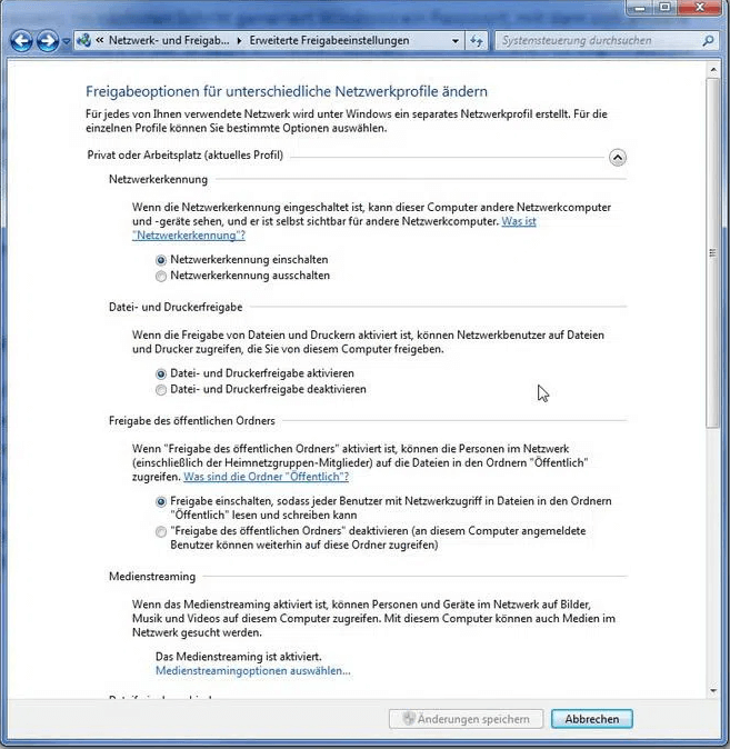Erweiterte Freigabeeinstellungen ändern