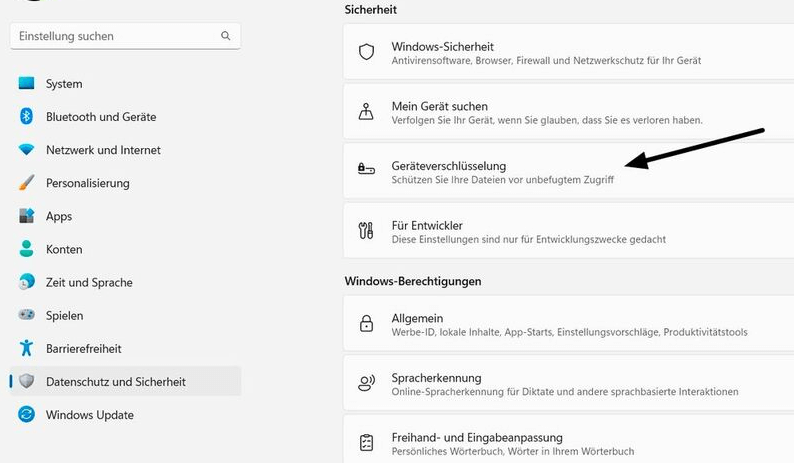 den Abschnitt über die Geräteverschlüsselung öffnen