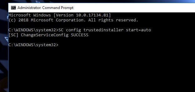 Befehl SC config trustedinstaller start=auto ausführen