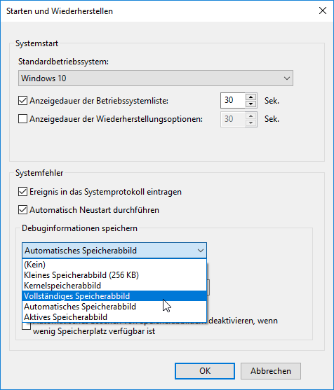 Kernelspeicherabbild deaktivieren