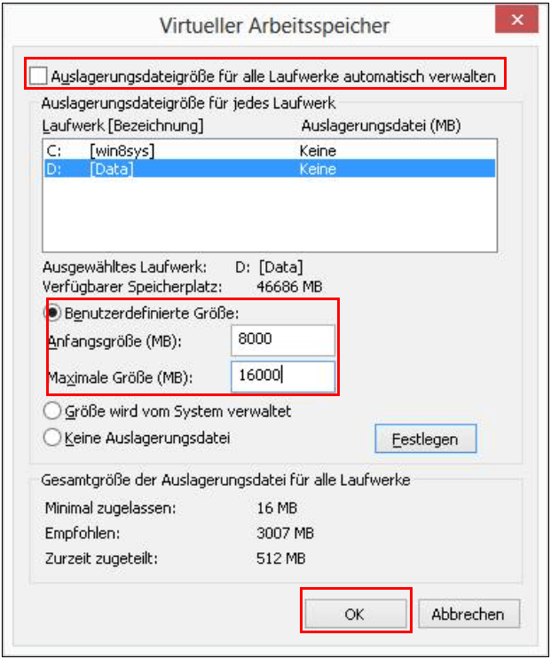 Die Größe des virtueller Arbeitsspeichers ändern