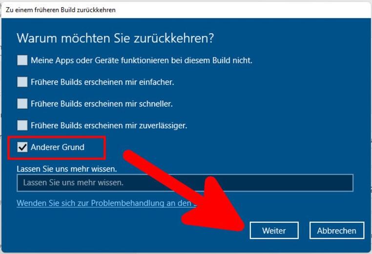 Grund für die Zurücksetzung auswählen