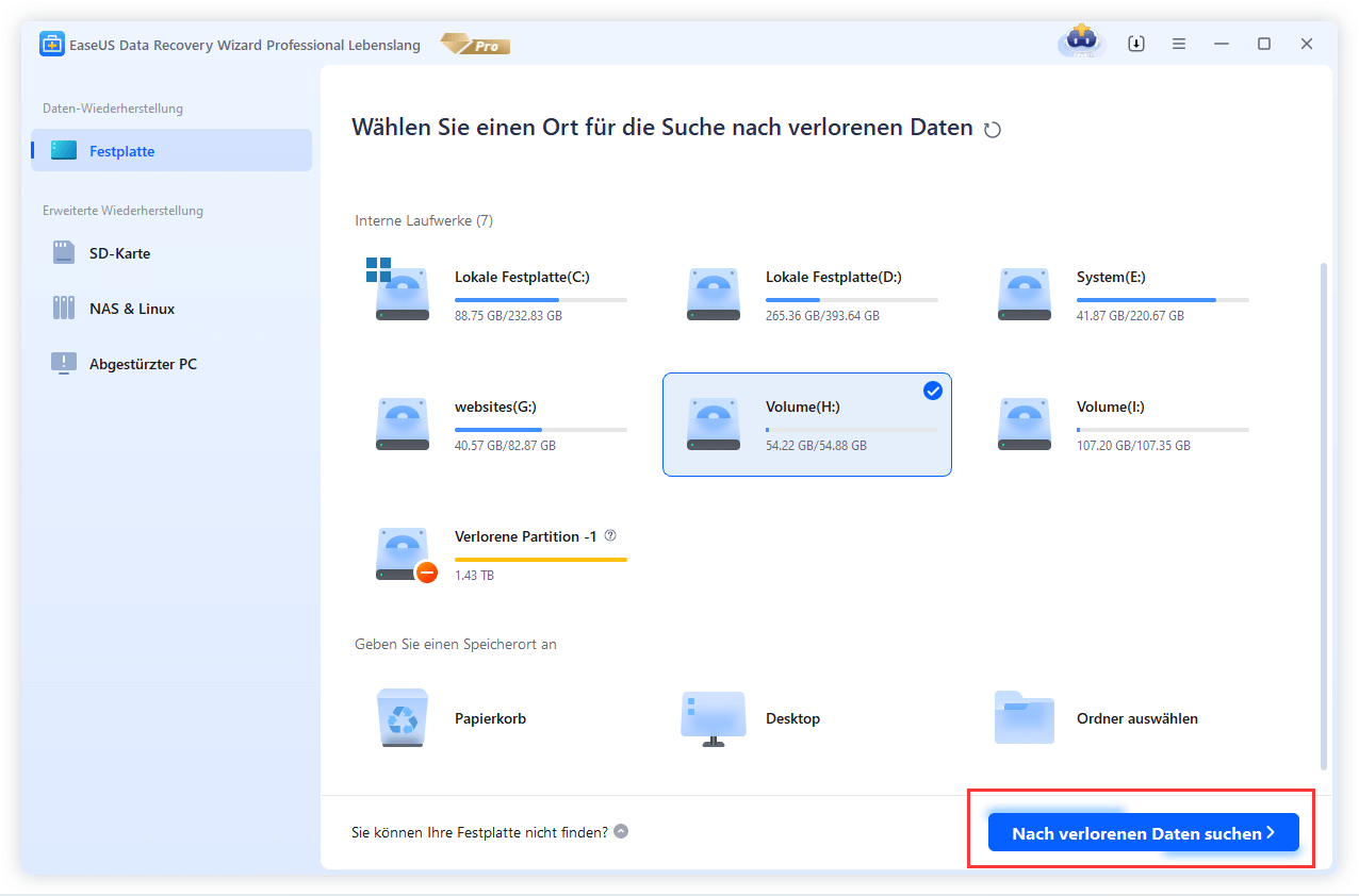 Festplatte auswählen und auf Scan klicken.