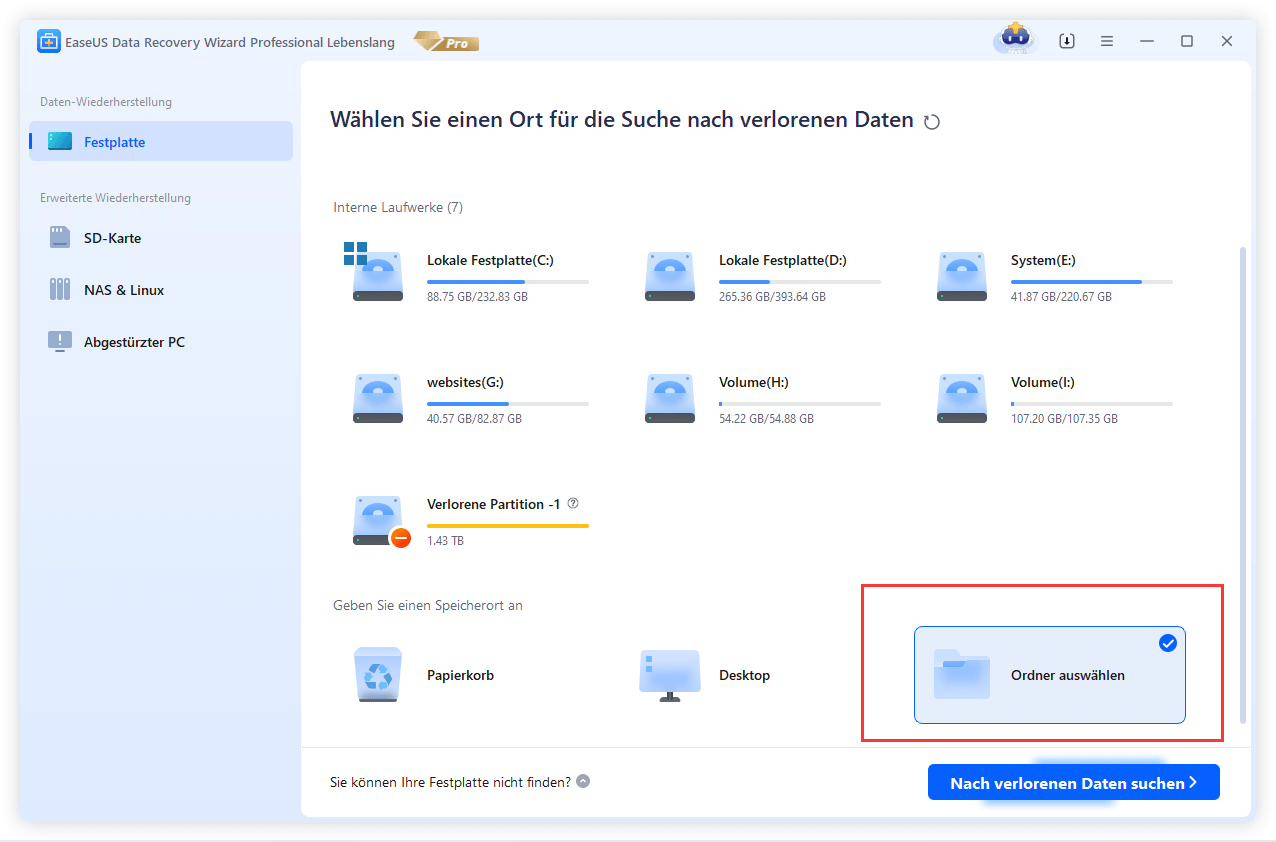 Daten aus Ordner wiederherstellen: Ordner auswählen