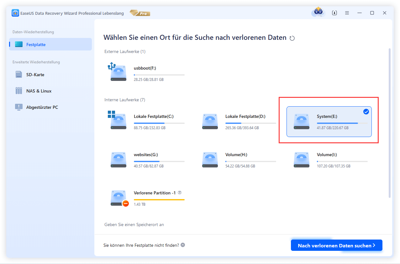 Daten aus dem Papierkorb wiederherstellen: Systempartition auswählen