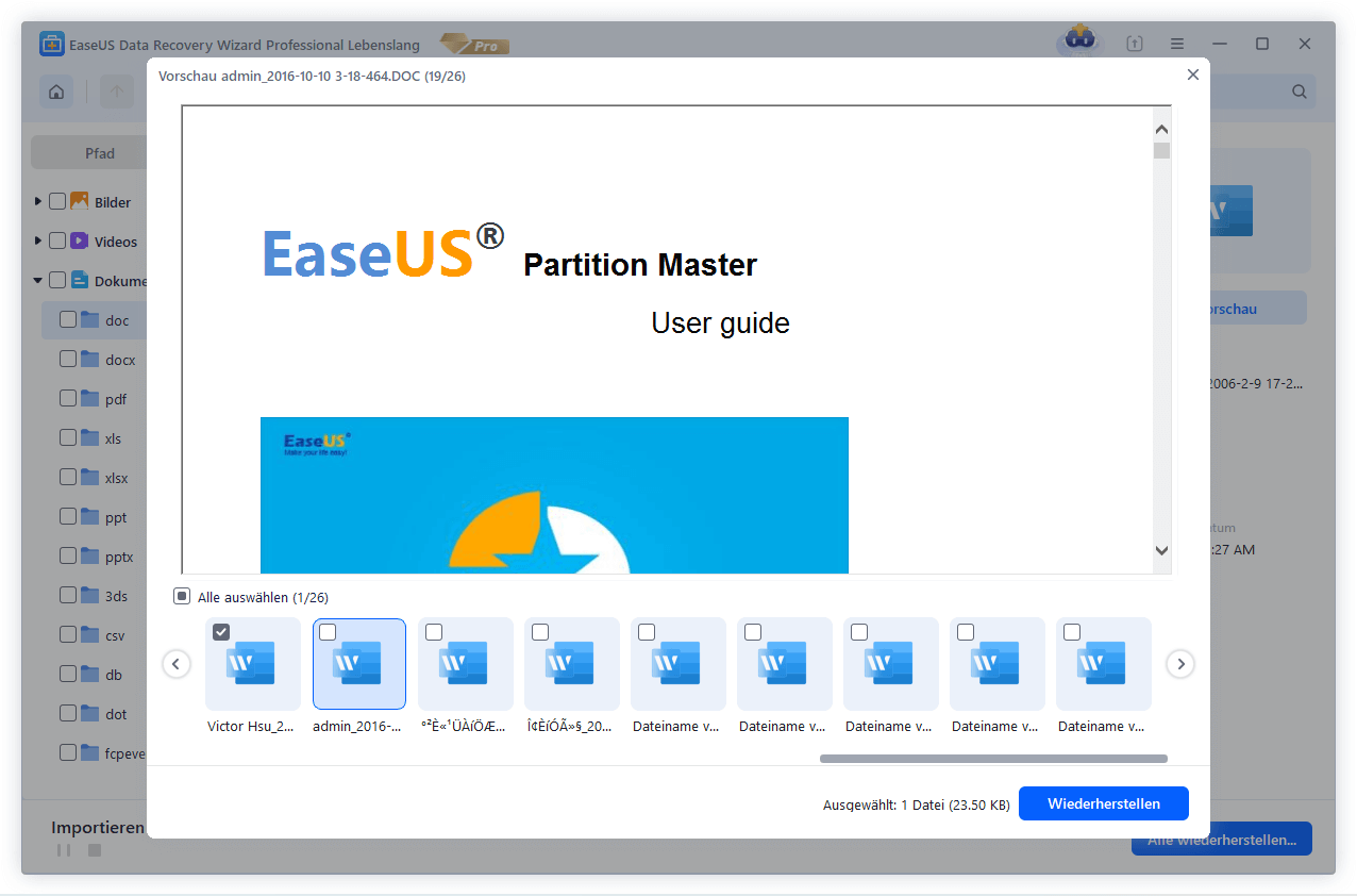 gefundene Word Dateien in der Vorschau sehen und die gewünschten wiederherstellen