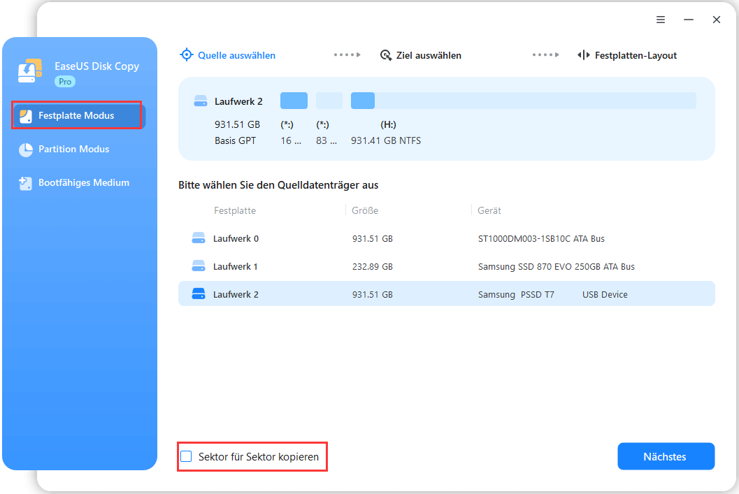 Wählen Sie die zu klonende Quellfestplatte aus