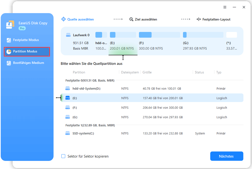 Wählen Sie die zu klonende Quellpartition aus