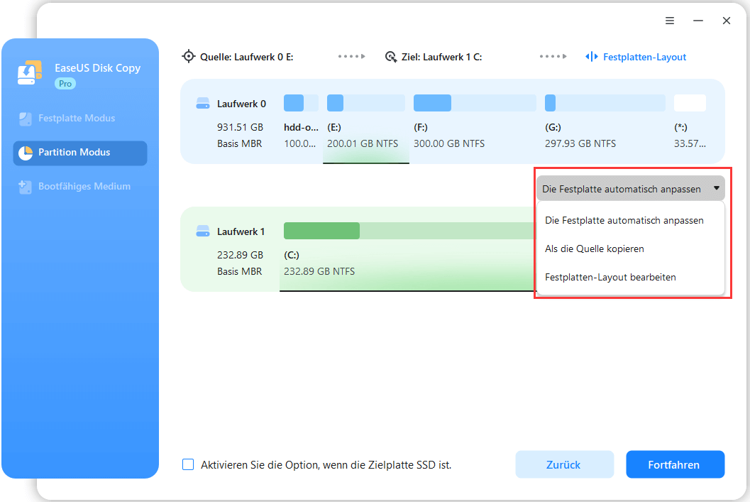 Die Option Die Festplatte automatisch anpassen auswählen.